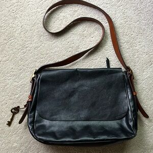 Fossil Harper Flap Crossbody Satchel Purse Black Leather